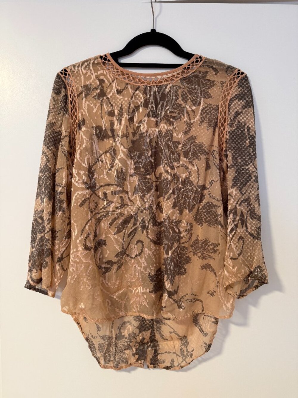 Meadow Rue Pink Floral Blouse with Velvet and Lace Detail
